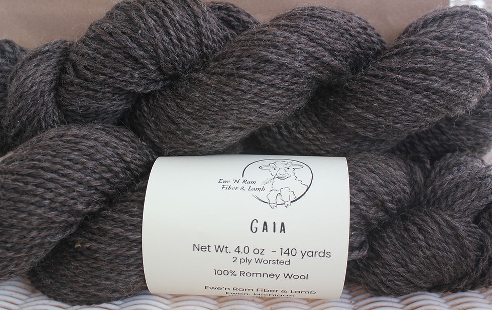 Dark grey yarn skein with GAIA label, 100% Romney Wool