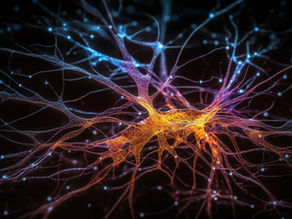 Colorful neural network with bright orange and purple fibers interconnected, set against a dark background with glowing blue nodes.