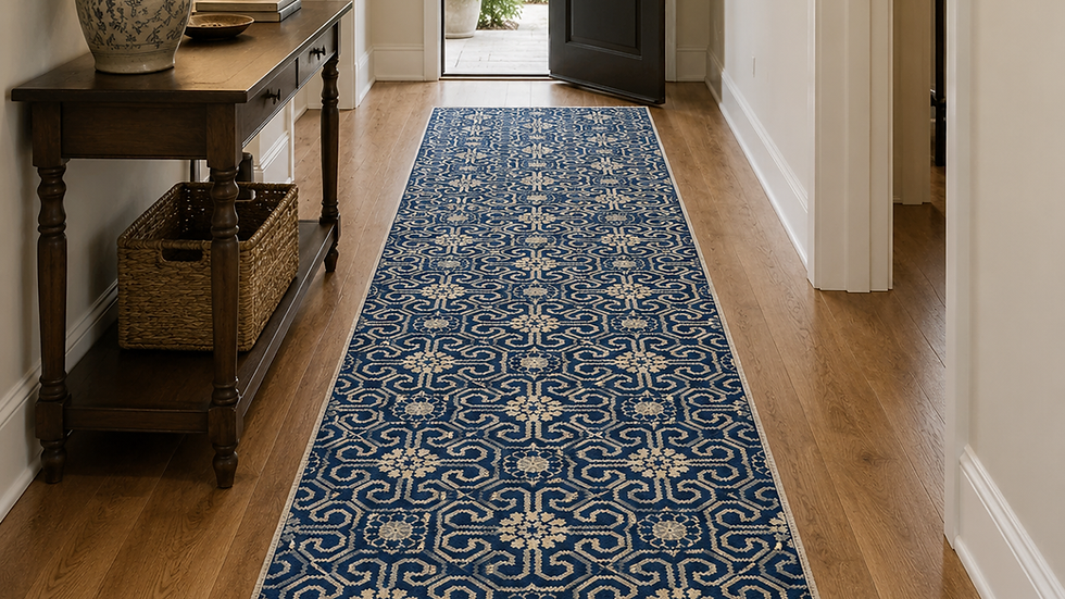 Bright hallway with blue patterned runner, dark wood console and lamp, open black front door, and greenery outside.