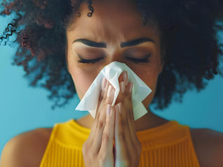 Woman with curly hair in yellow top sneezing into tissue against a blue background, eyes closed, expressing discomfort.