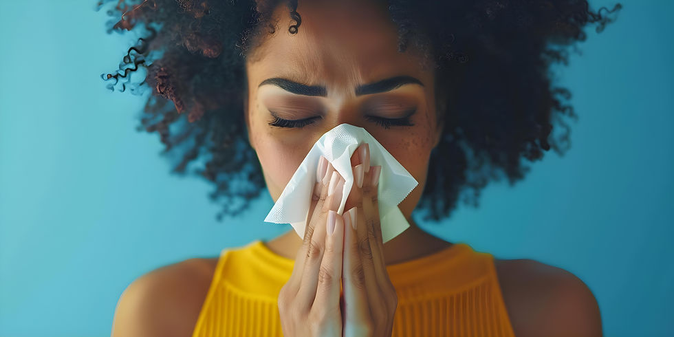 Woman with curly hair in yellow top sneezing into tissue against a blue background, eyes closed, expressing discomfort.
