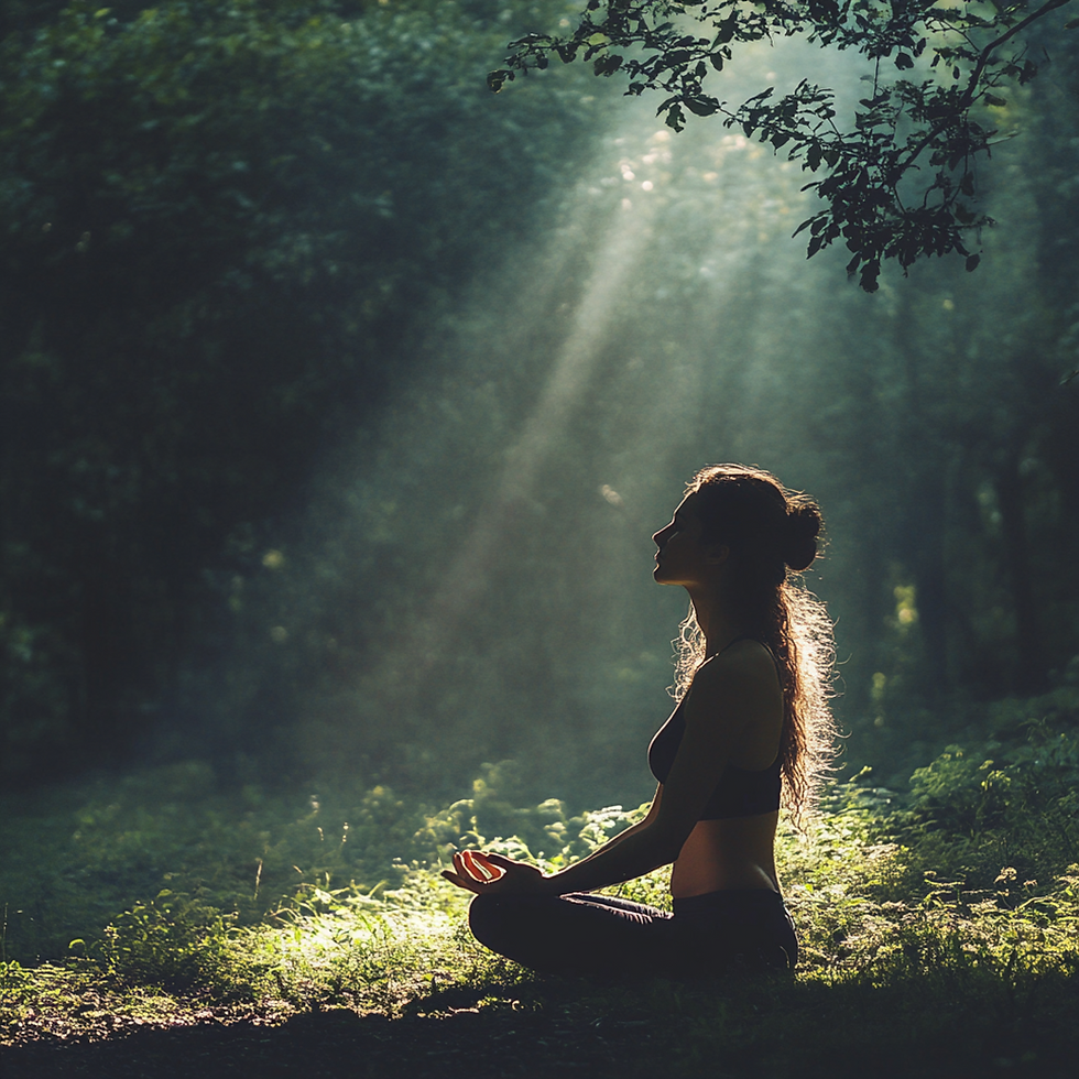 Woman meditating in a forest with sunlight streaming through trees, highlighting her silhouette. Calm, peaceful atmosphere with green foliage.