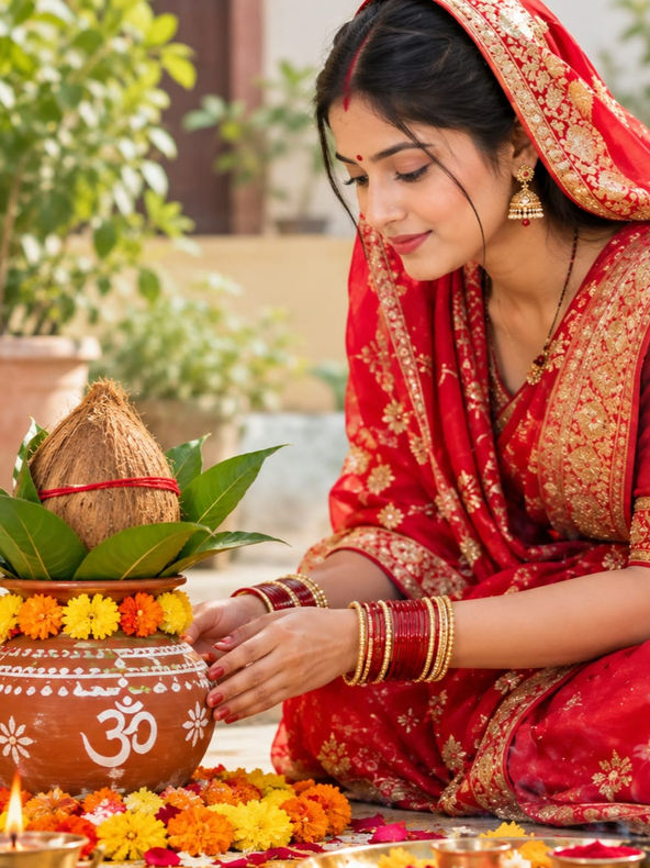 Indian woman in red sari performing puja with Kalash