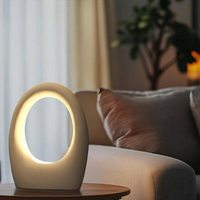 bucket type of table lamp with diffused lighting in a living room next to sofa