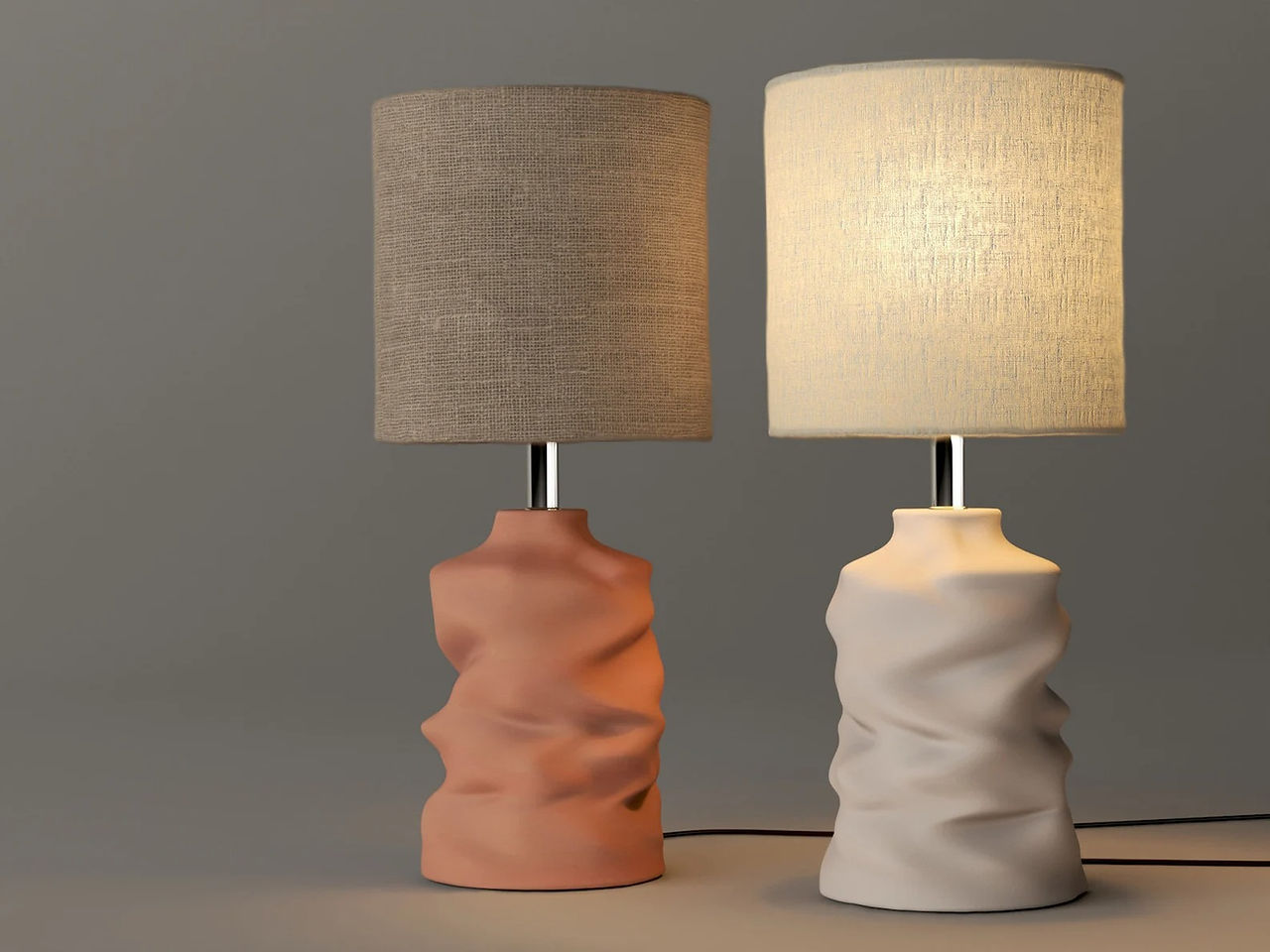 Naaya Crumpled Wabi Sabi Handmade Table Lamps in terracotta and vanilla clay base with cotton and burlap shade