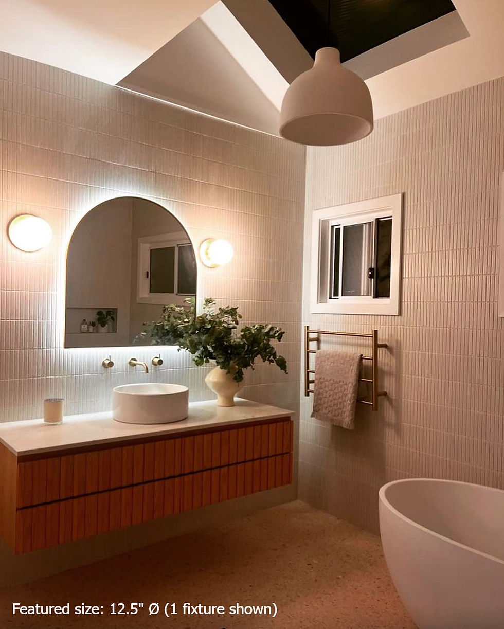 Thumbnail: Bottleneck ceramic pendant light hanging near an arched bathroom mirror and vanity