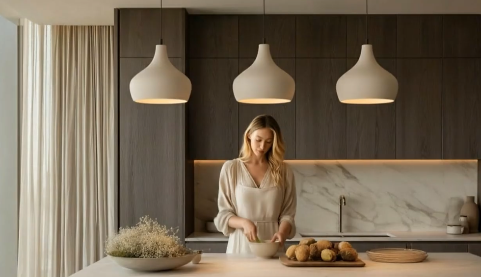 A trio of white, bell-shaped ceramic pendant lights from Naaya Studio hangs over a modern kitchen island, blending with the dark wood cabinets and casting a warm glow.