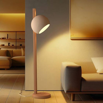 directional Floor lamp with ceramic lamp and wooden base in living room