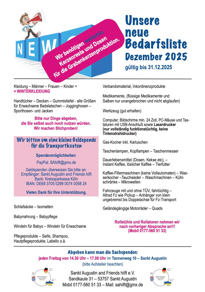 Die Dezember-Bedarfsliste ist da