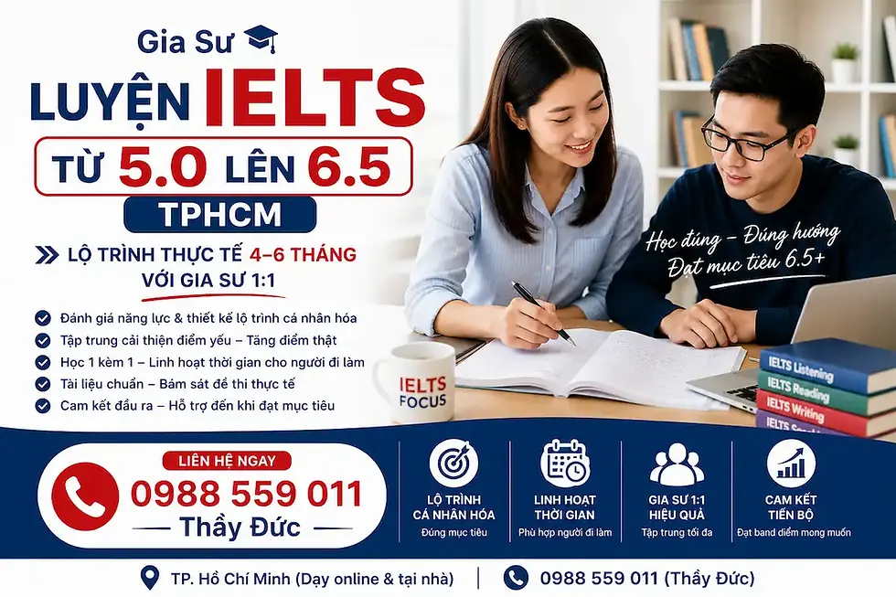 Luyện IELTS Từ 5.0 Lên 6.5 TPHCM – Lộ Trình Thực Tế 4–6 Tháng Với Gia Sư 1:1