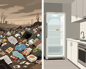 Split image showing overflowing landfill vs. empty fridge to visualize the disconnect betw