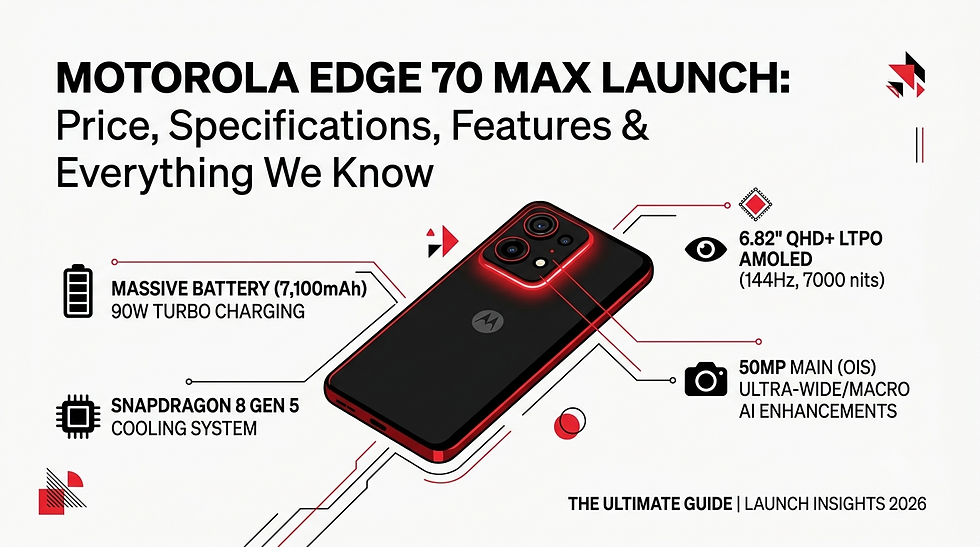 Promo graphic of a Motorola Edge 70 Max phone on white, with specs: 7,100mAh battery, Snapdragon 8 Gen 5, 6.82 AMOLED, 50MP camera.
