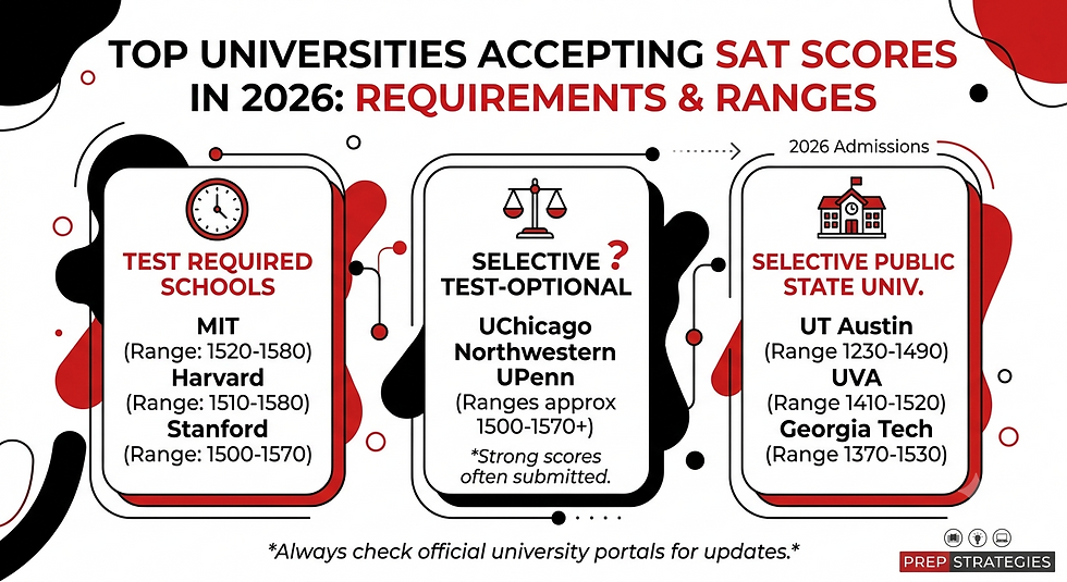 Infographic: Top universities accepting SAT scores in 2026, with test-required, test-optional, and public state school ranges.