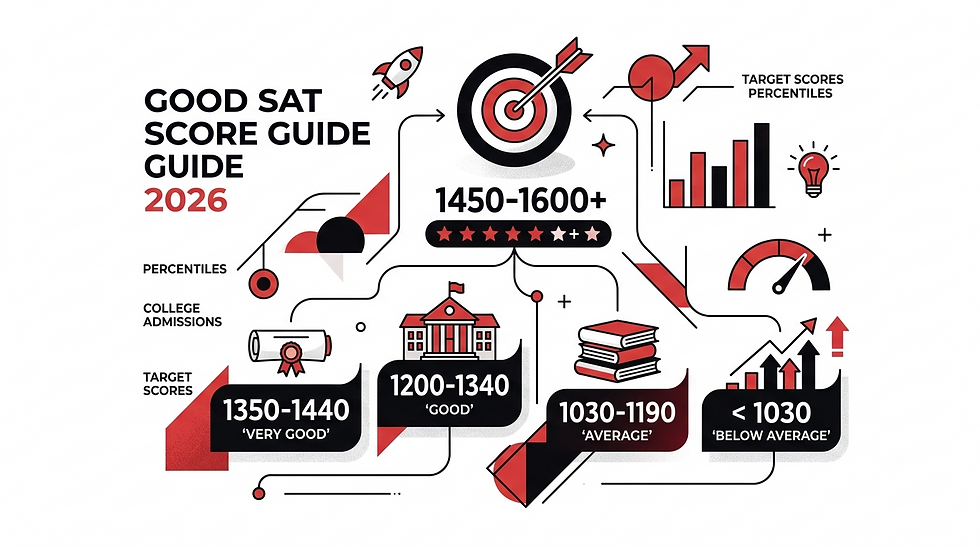 Infographic titled Good SAT Score Guide 2026 with target-score ranges, charts, rocket, bullseye, and college admissions icons.