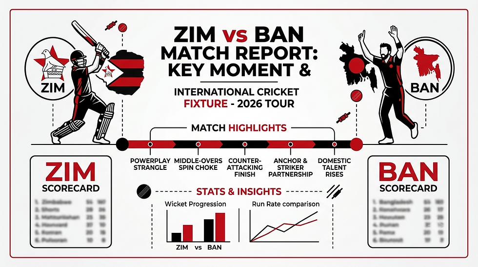 Cricket infographic comparing ZIM vs BAN match report, with batsman, bowler, scorecards, highlights and stats charts.