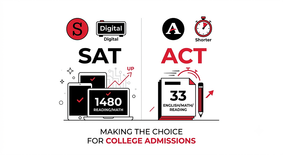 Infographic comparing SAT and ACT scores: SAT digital 1480 reading/math versus ACT 33 English/math/reading, with college admissions text.