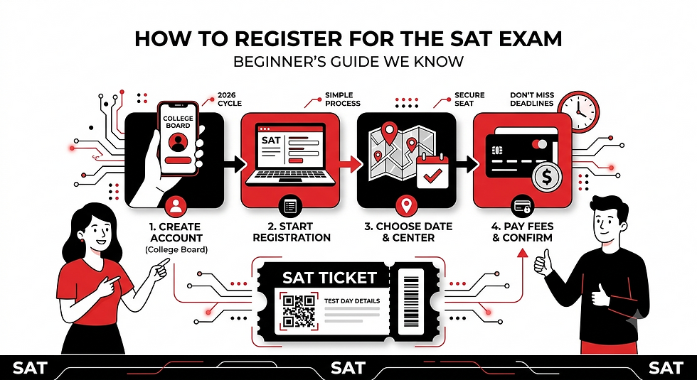 Infographic on how to register for the SAT exam, showing 4 steps, SAT ticket, College Board app, and two smiling students.