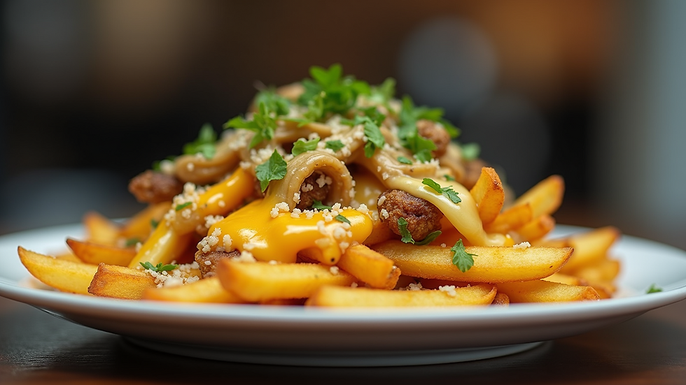 Close-up view of a plate of loaded fries topped with cheese and FIXD THC infused Pickle Salt