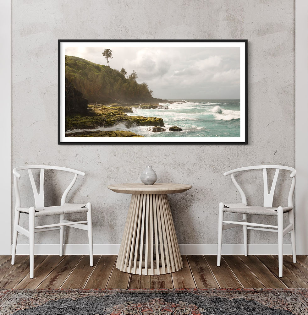 Thumbnail: Painterly island coastline landscape photo art print in black frame displayed over bistro table and chairs