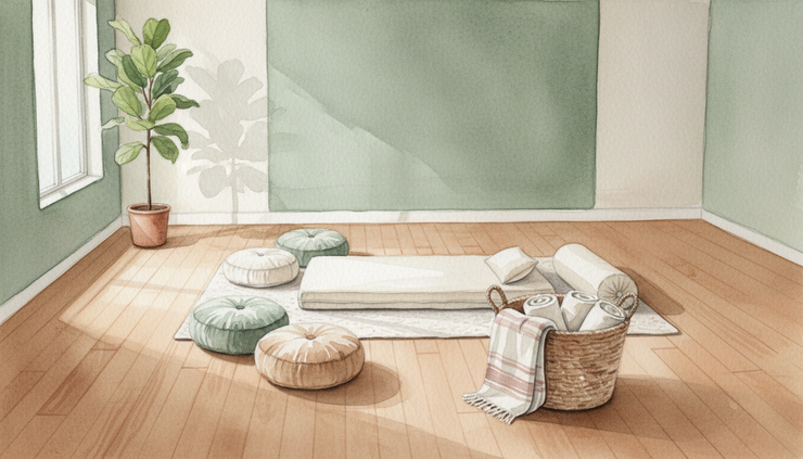 Wide-angle view of a serene bodywork space with floor cushions and stretching props.