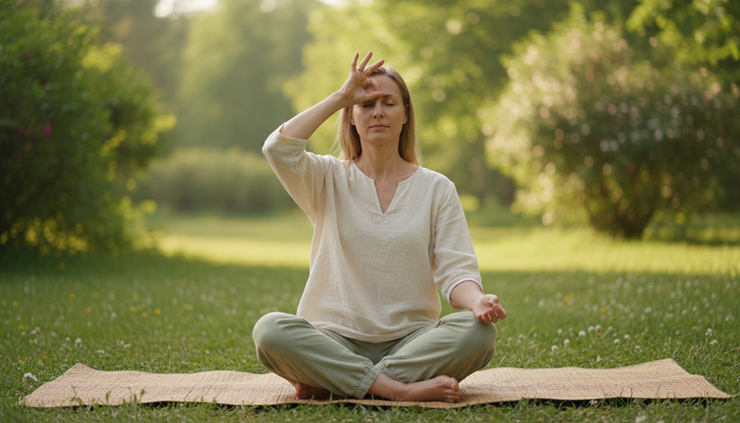 Eye-level view of a woman practicing alternate nostril breathing in a quiet park.