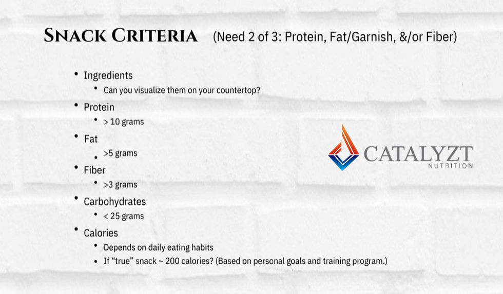Snack criteria text on a brick background. Lists ingredients, protein, fat, fiber, carbs, and calories. Includes CATALYZT logo. healthy snacks, blood sugar balanced snacks, high protein snacks, nourishing foods, dietitian snack tips Virginia Beach