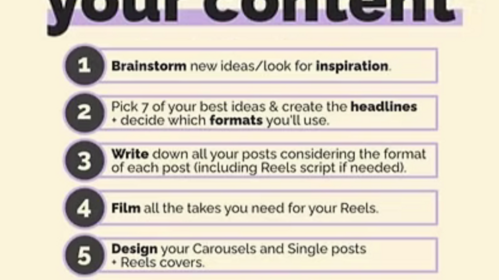 Guide titled "How to plan your content" in 2023. Seven steps listed for content creation, including brainstorming, filming, and designing.
