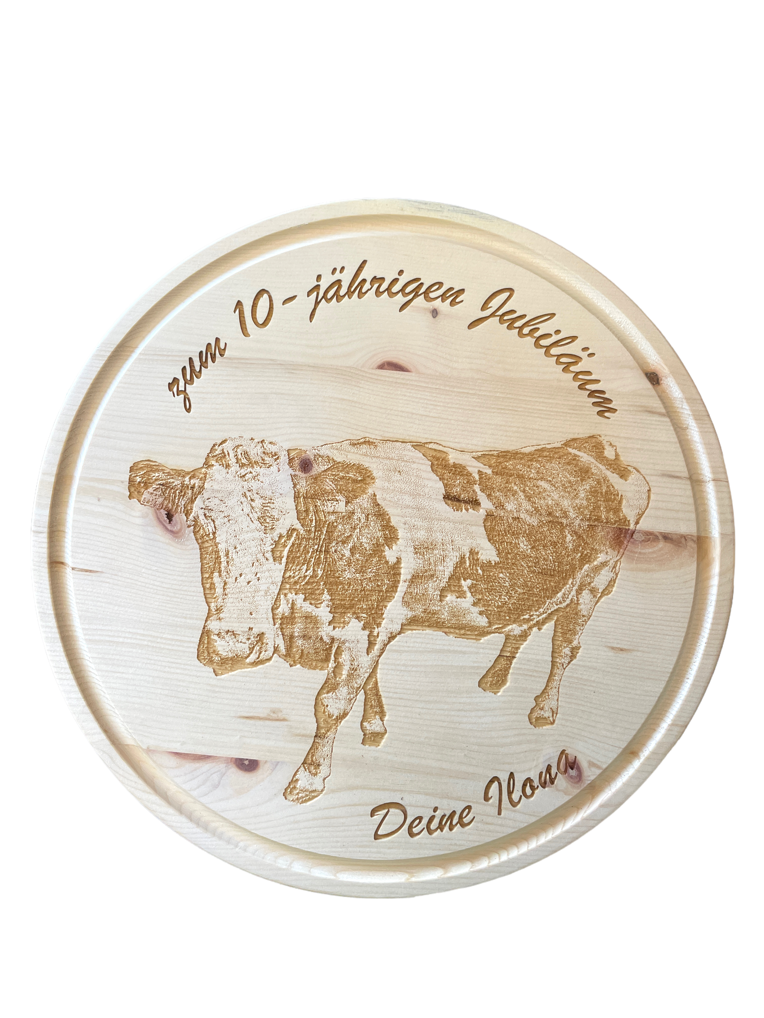 Jausenbrett Ø28cm - Zirbe mit Fotogravur - Lieblingskuh Ilona