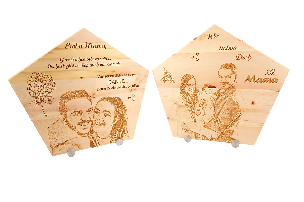 Geschwisterportrait auf Zirben 5-Eck mit Edelstahlfüße