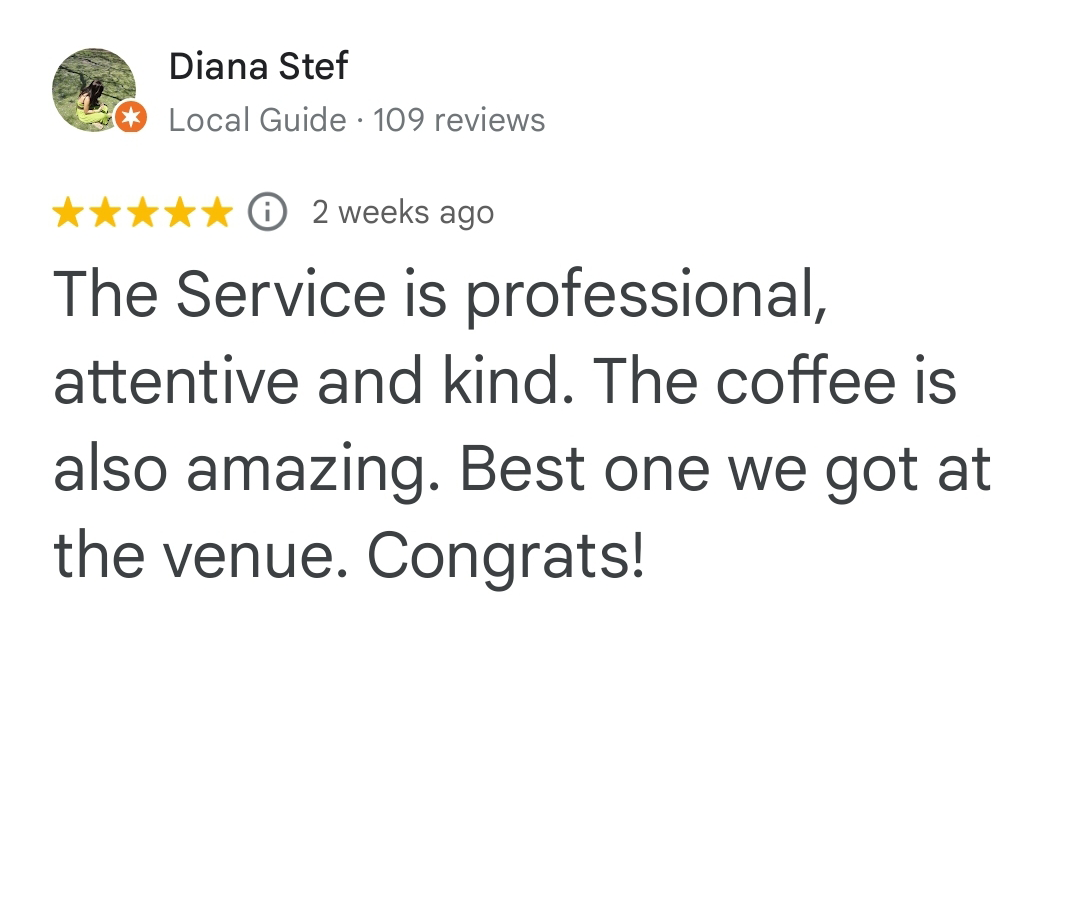 The Service is professional, attentive and kind. The coffee is also amazing. Best one we got at the venue. Congrats!