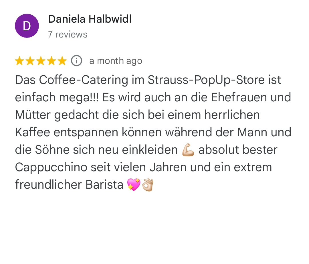 Das Coffee-Catering im Strauss-PopUp-Store ist einfach mega!!! Es wird auch an die Ehefrauen und Mütter gedacht die sich bei einem herrlichen Kaffee entspannen können während der Mann und die Söhne sich neu einkleiden 💪🏻 absolut bester Cappucchino seit vielen Jahren und ein extrem freundlicher Barista 💖👌🏻