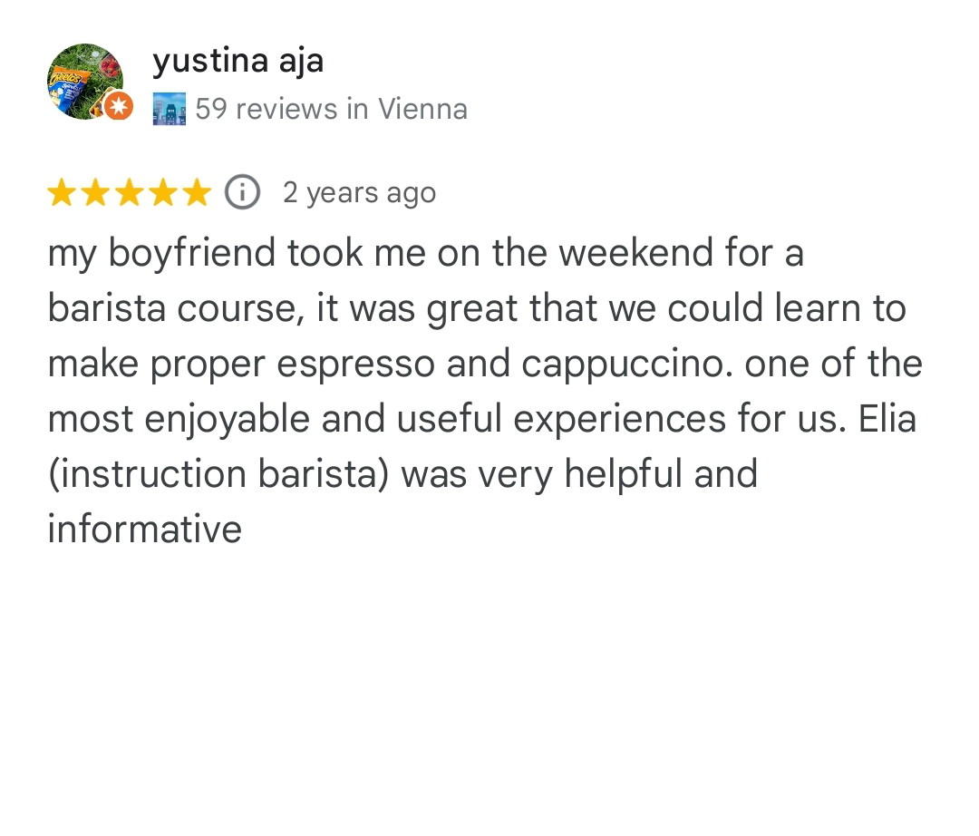 my boyfriend took me on the weekend for a barista course, it was great that we could learn to make proper espresso and cappuccino. one of the most enjoyable and useful experiences for us. Elia (instruction barista) was very helpful and informative