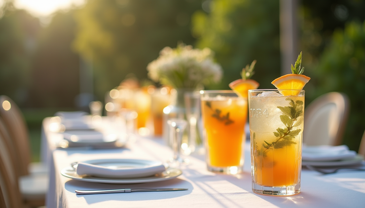 Close-up view of a table with chilled drinks and fresh fruit garnishes at an outdoor wedding