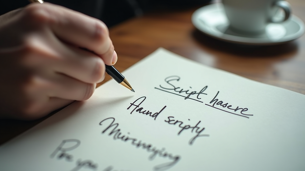 Close-up view of a script with handwritten notes and a coffee cup