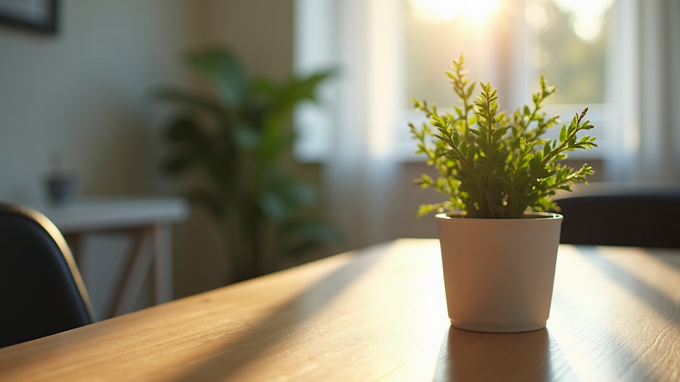 Close-up view of a therapist's desk with a plant