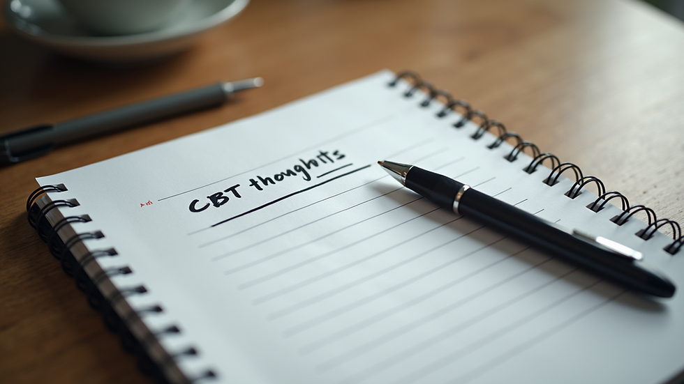 High angle view of a notebook with CBT thought records and a pen