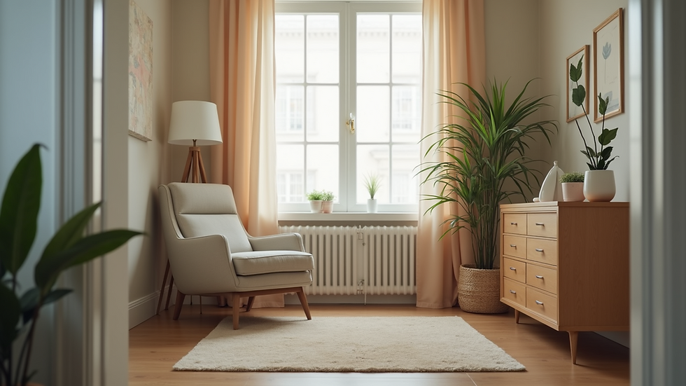 Eye-level view of a therapist's office with a comfortable chair and calming decor