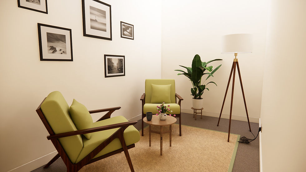 Close-up view of a serene therapy room with soft lighting
