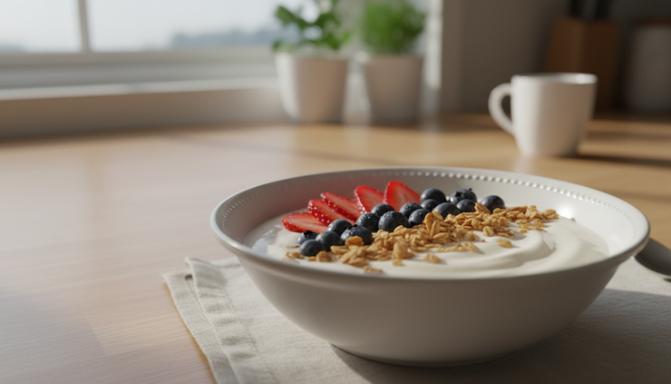 Close-up of a creamy yogurt bowl with berries and granola on a kitchen counter