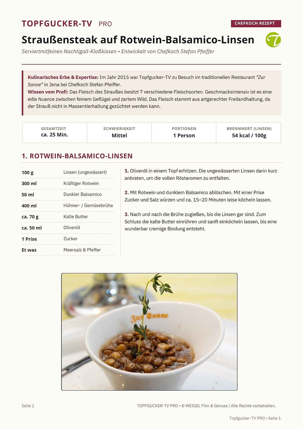 Miniaturbild: Exklusives Rezept-Set: Straußensteak auf Rotwein-Balsamico-Linsen