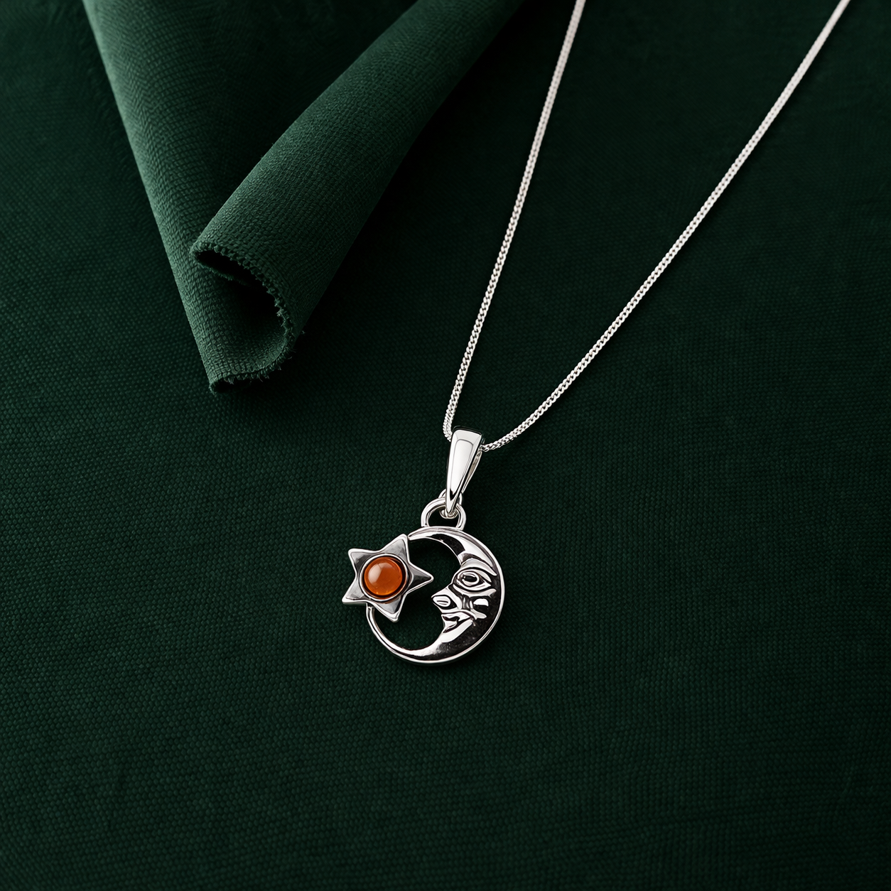 Sterling Silver Cognac Amber Moon & Star Necklace