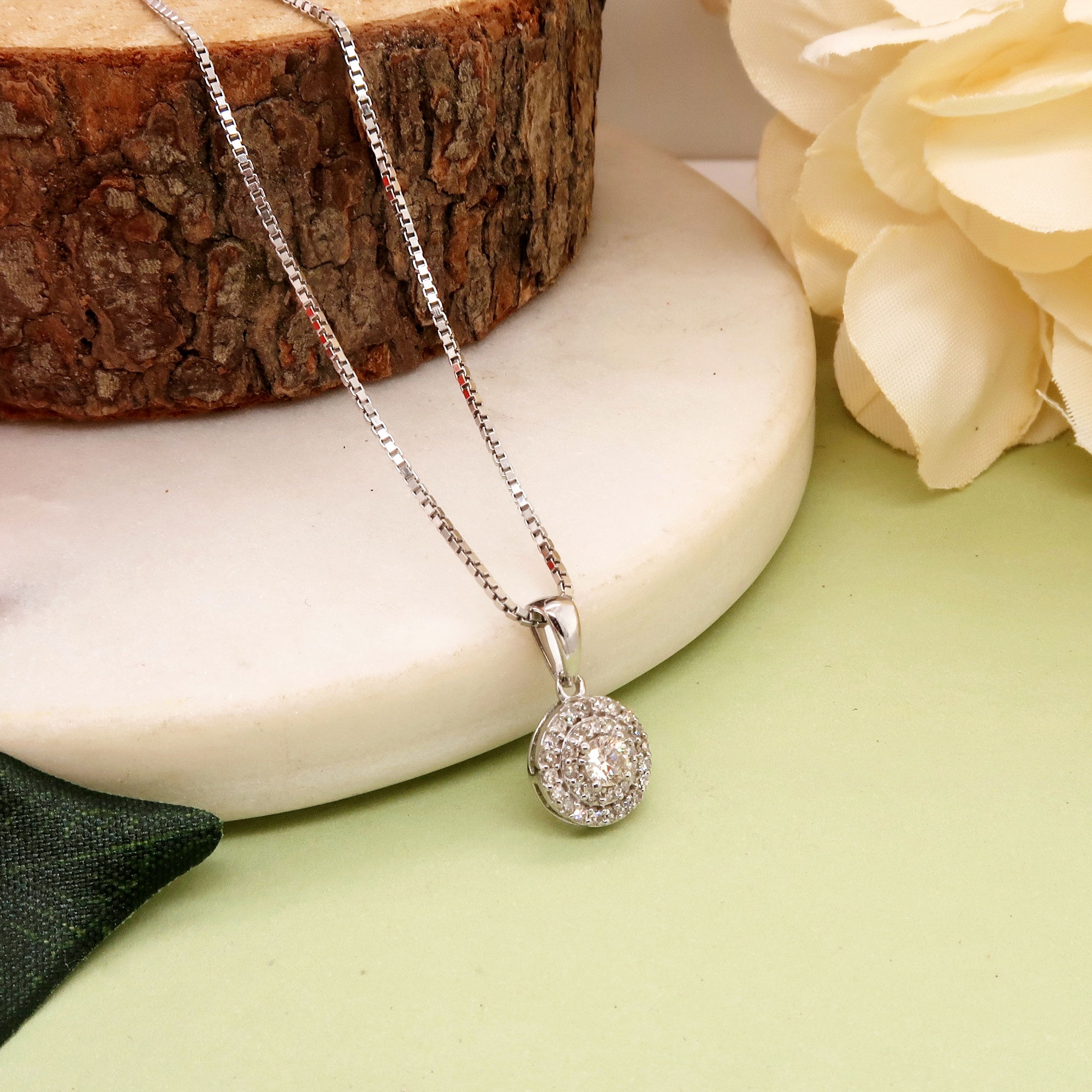 Round Halo White Gold Diamond Necklace