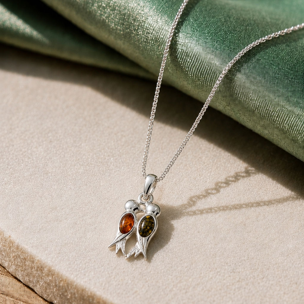 Amber Love Birds Sterling Silver Necklace