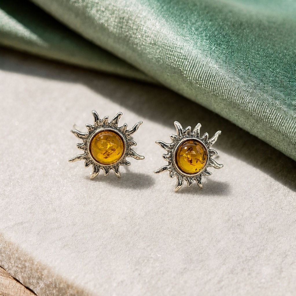 Sterling Silver Amber Sunburst Stud Earrings