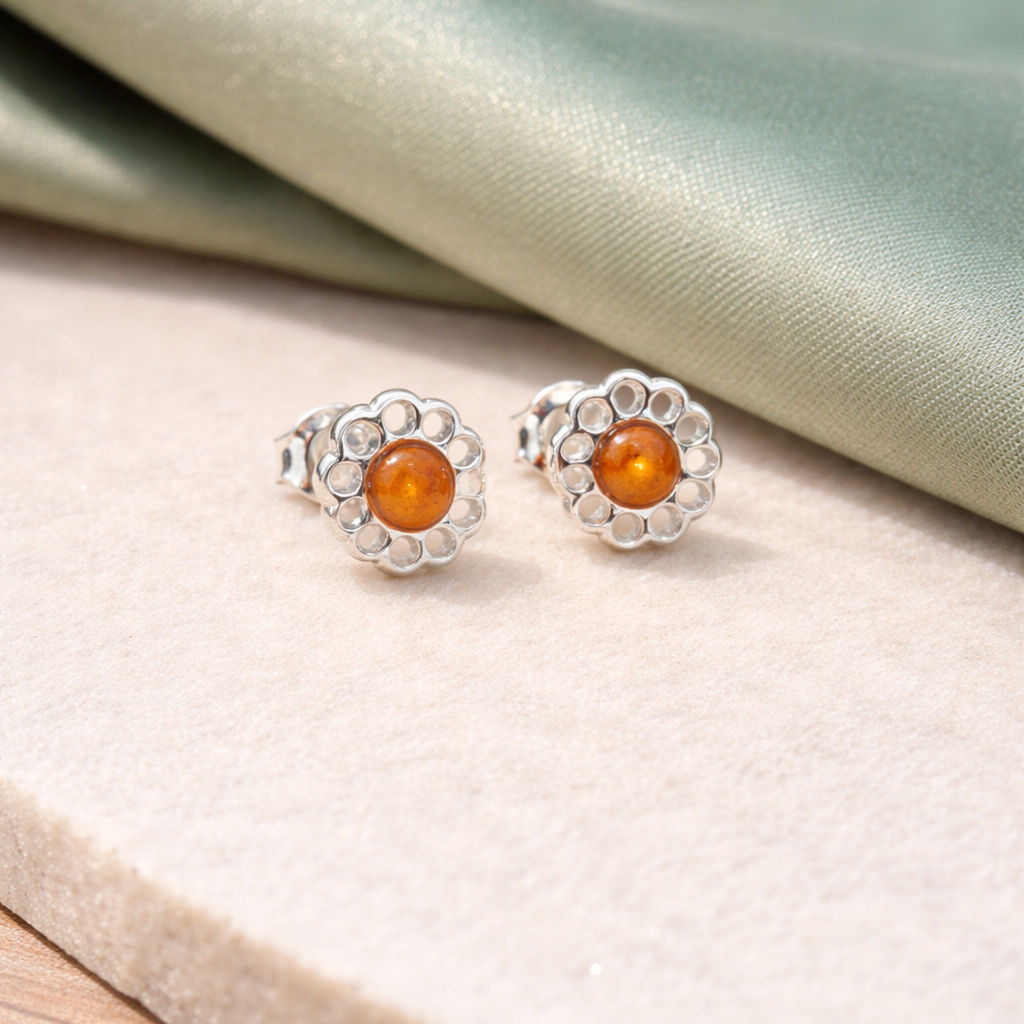 Sterling Silver Cognac Amber Flower Stud Earrings