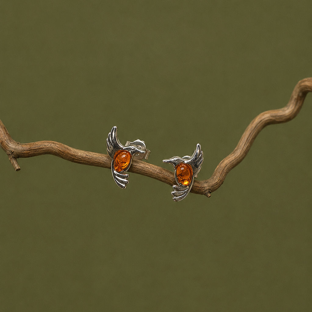Sterling Silver Amber Bird Stud Earrings