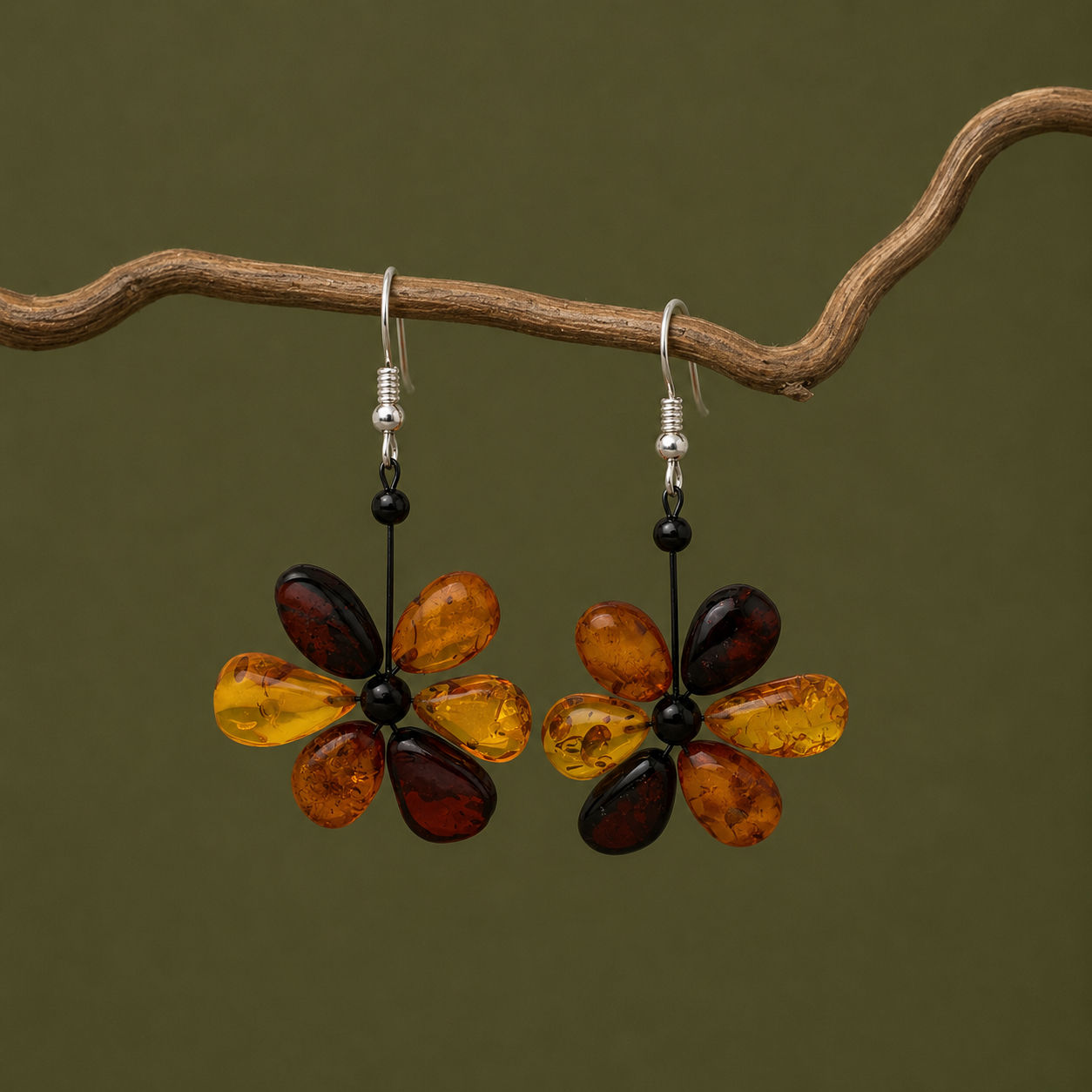 Sterling Silver Multi Amber Flower Drop Earrings