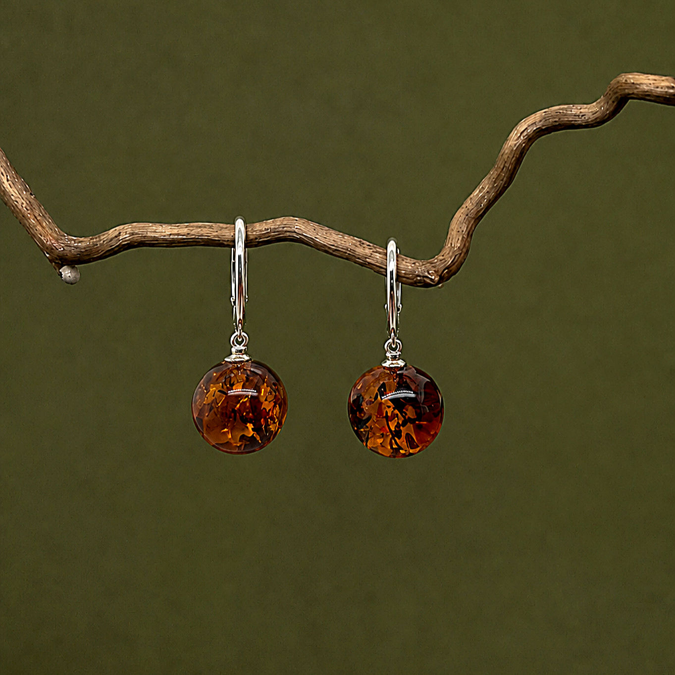 Sterling Silver Amber Sphere Drop Earrings