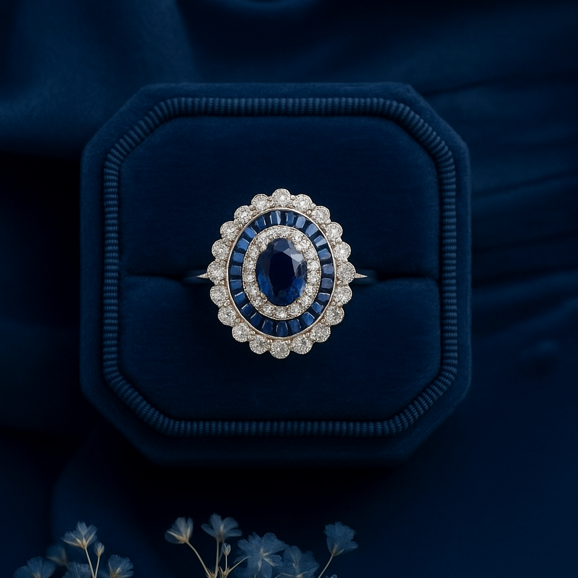 18ct White Gold Sapphire and Diamond Oval Cluster Ring