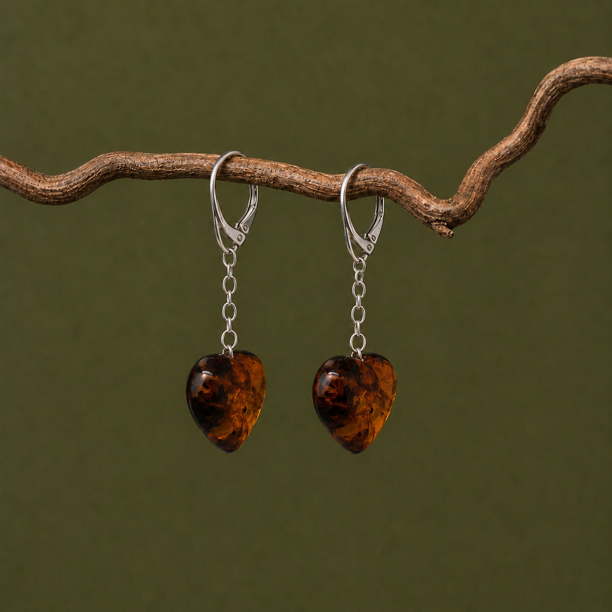 Sterling Silver Amber Heart Drop Earrings